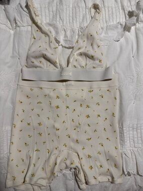 SKIMS Cream Floral Ribbed Bralette & High-Waist Shorts Set marigold